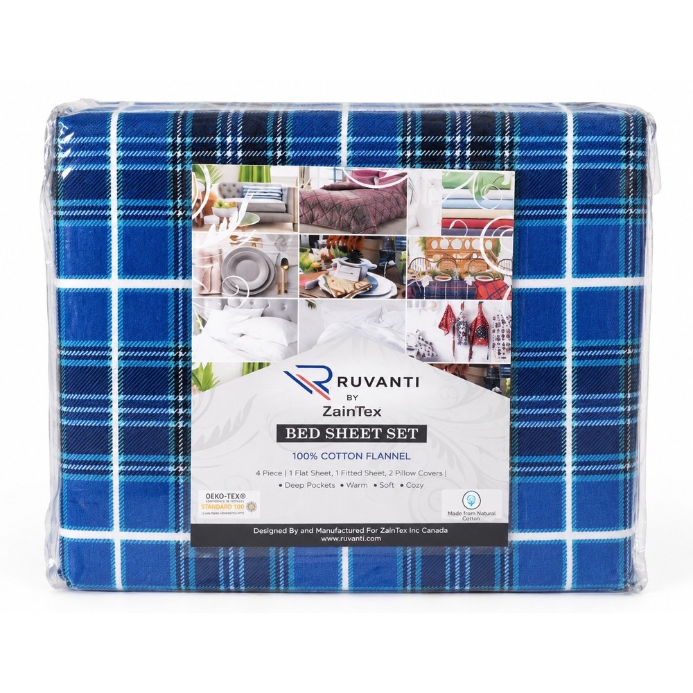 RUVANTI Full 100% Cotton Flannel Blue Plaid 4 Pc Deep Pocket Sheet Set NEW